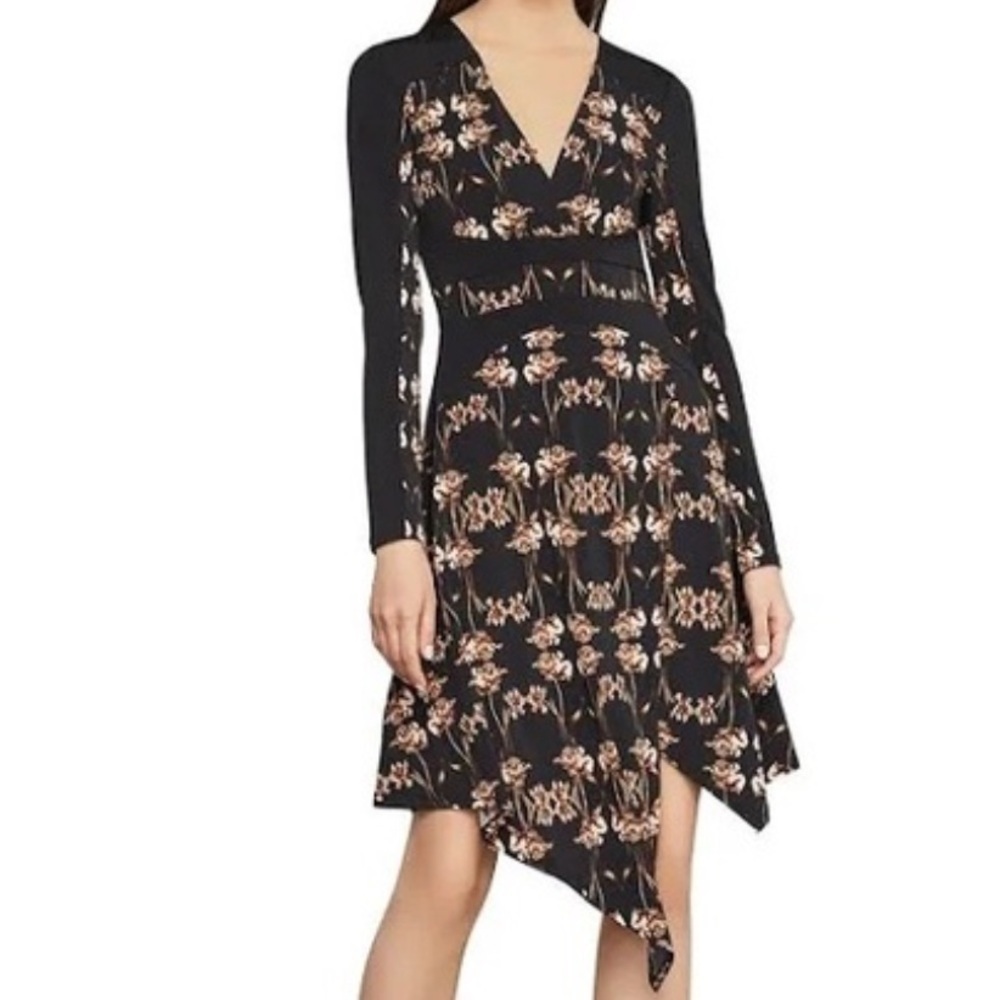 Like New BCBG Max Azria Iris Print Asymmetric Faux Wrap Jersey Dress Black Small